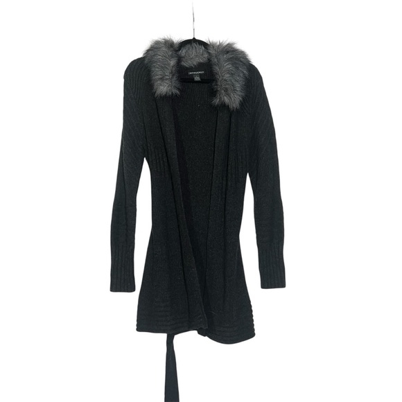 Cynthia Rowley Belted Cardigan Charcoal Gray Fur Collar Silver Size Large Wool - Picture 1 of 12
